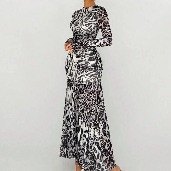 Grey Elegant Women's Mesh Leopard And Zebra Print Asymmetrical Hem Long Dress - Picture 4 of 5